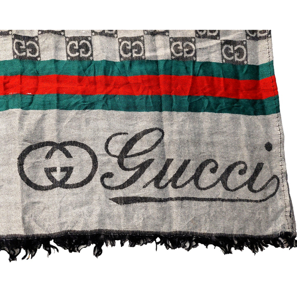 Gucci Black Gray GG Logo Print Red & Green Stripe Cashmere Silk Scarf Pre-owned - Picture 10 of 16